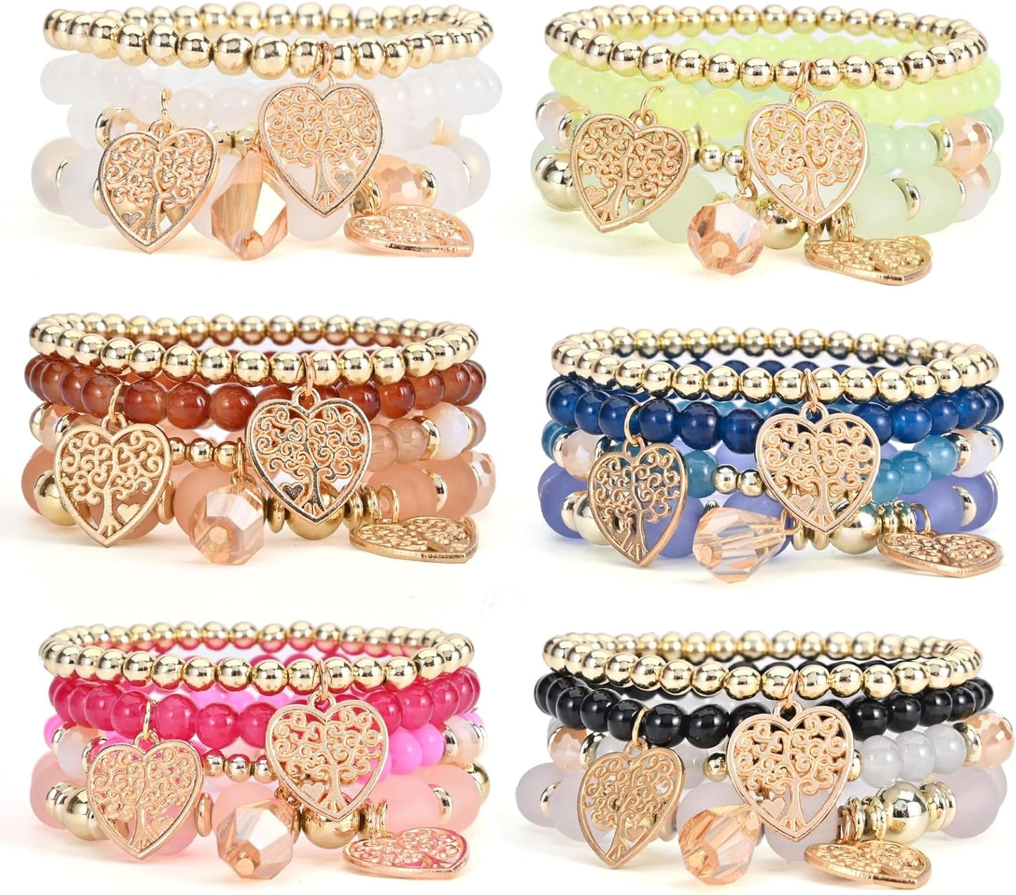 Bohemian Bracelet Sets for Women - 6 Sets Stackable Stretch Bracelets Multi-color Boho Jewelry for Women Hippie Bracelets Dainty Jewelry