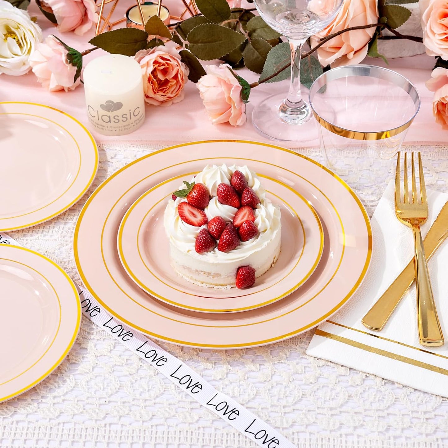 GATHER 350PCS Pink Plastic Plates - Disposable Plastic Dinnerware Set Include 100 Pink Plates, 150 Silverware, 50 Napkins, 50 Cups for Party & Wedding