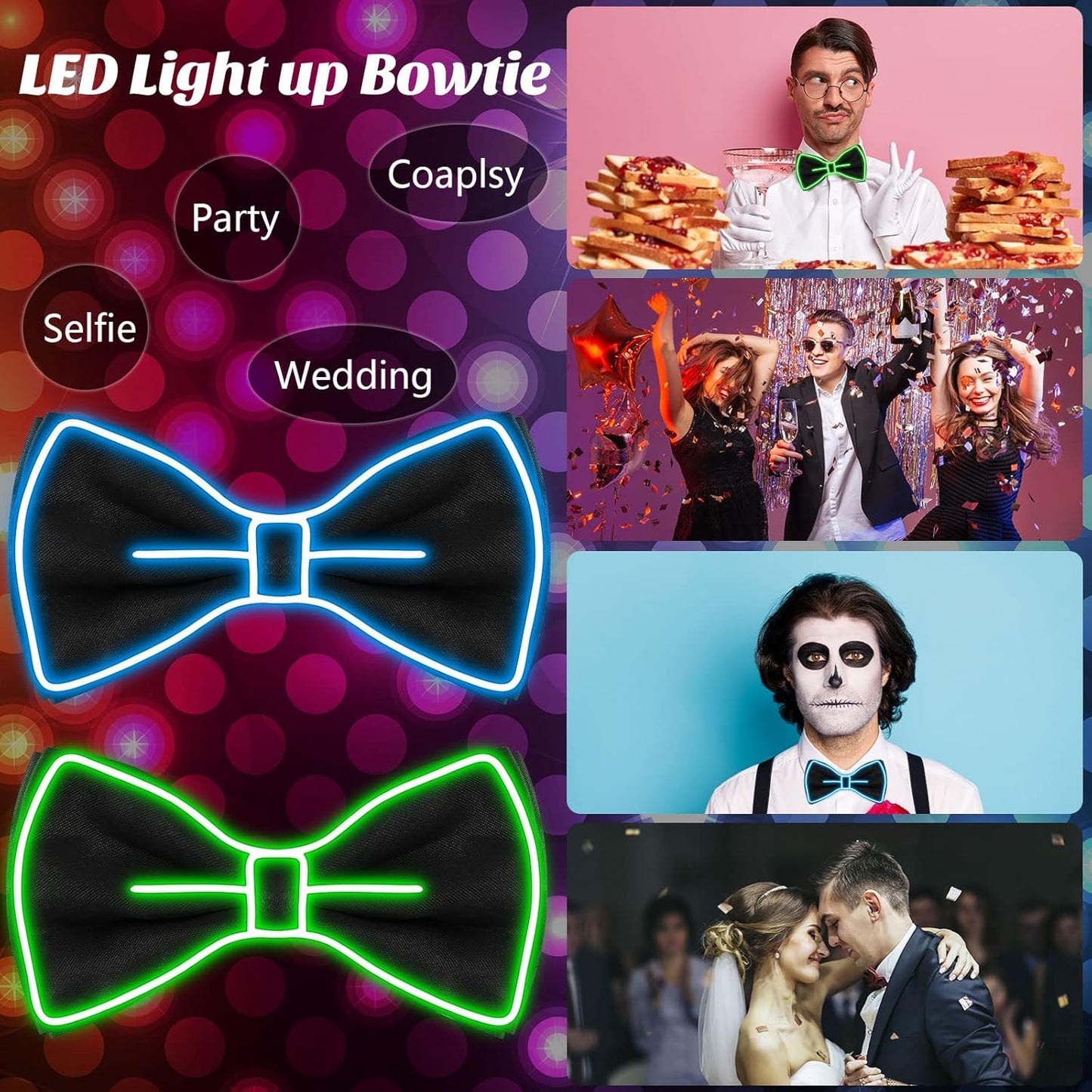 Hercicy Light up Bow Tie for Men LED Neon Bowtie Funny Ties Women Glow in the Dark Party Costume