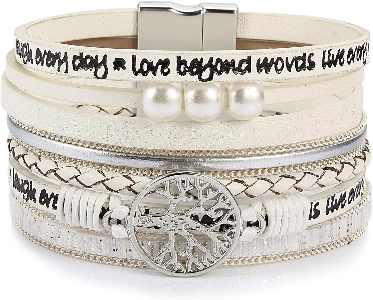 FANCY SHINY Tree of Life Leather Wrap Bracelet Inspirational Cuff Bangles Boho Pearl Bracelets with Magnetic Clasp Unique Jewelry Gifts for Women