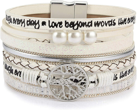 FANCY SHINY Tree of Life Leather Wrap Bracelet Inspirational Cuff Bangles Boho Pearl Bracelets with Magnetic Clasp Unique Jewelry Gifts for Women