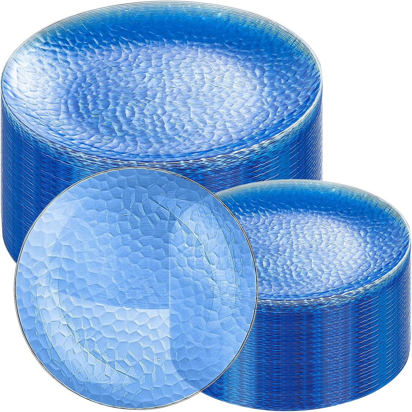 Rubtlamp 100 Pcs Blue Plastic Plates, Blue Heavy Duty plastic Plates, Clear-blue Fancy Disposable Plates, Hammered Plastic plates Include 50 Pcs Dessert Platos, 50 Pcs Dinner Platos for Party