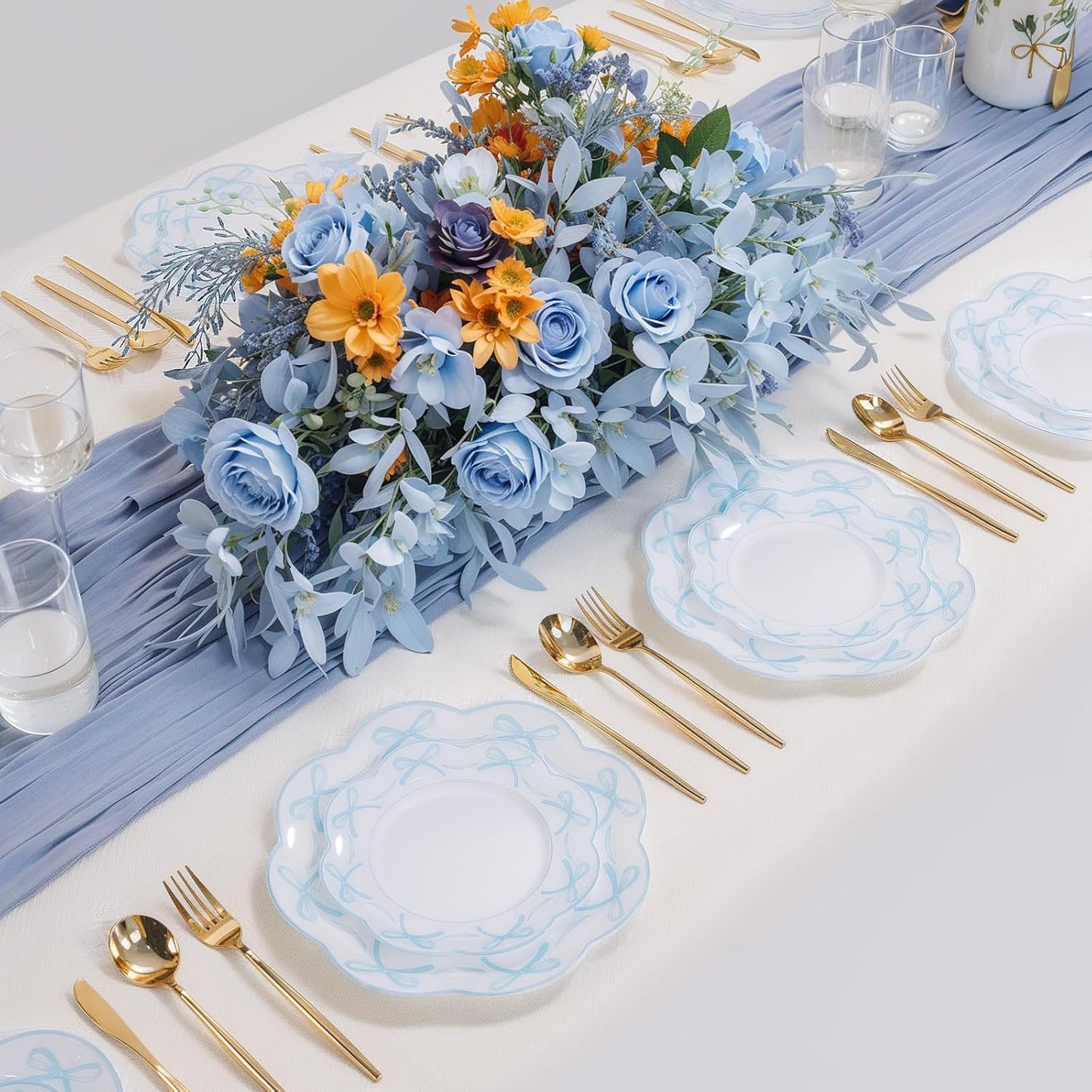 LIYH 60 Pcs Blue Bow Plastic Plates for Party - Blue Bow Knot Scalloped Plastic Plate Disposable Plates Set for Wedding Bridal Shower - 10.25" Dinner & 7.5" Dessert Plate