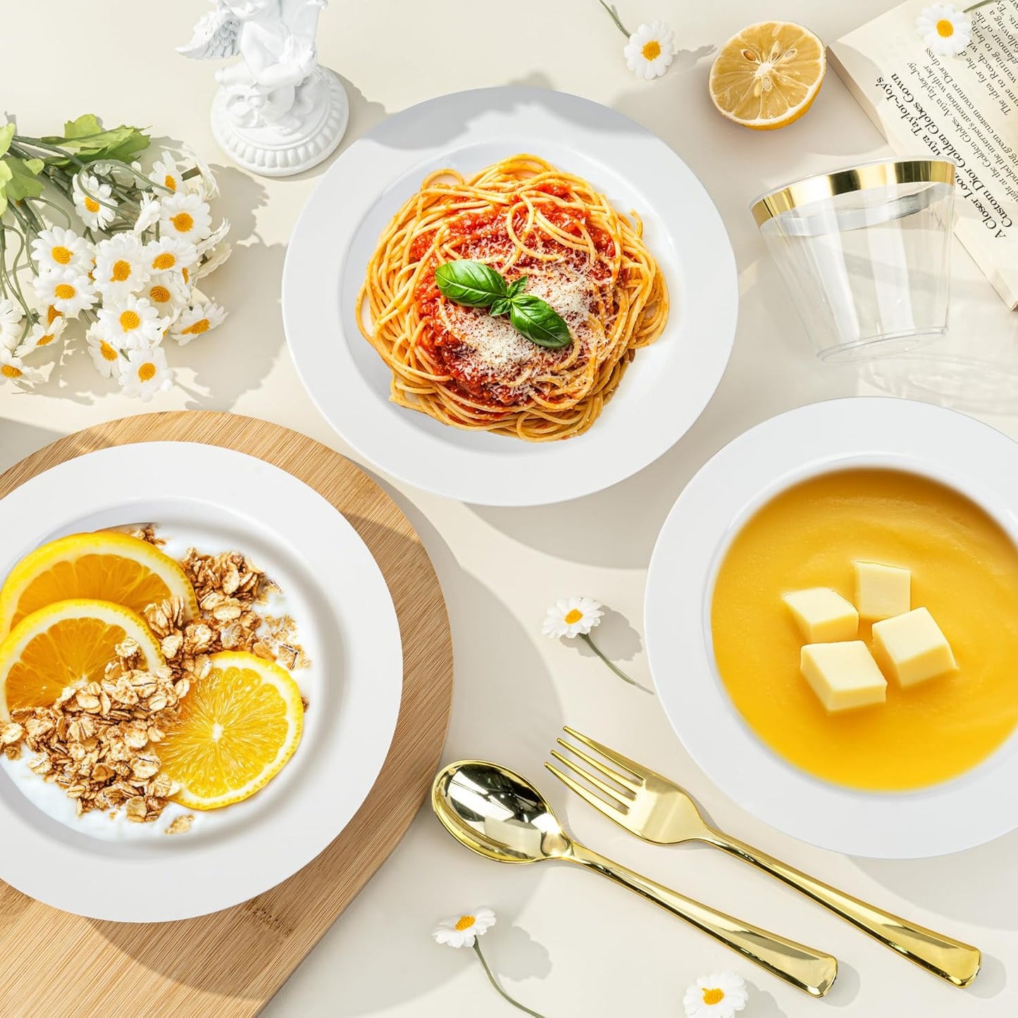 BESTVIP 100 Pack White Plastic Bowls, 12 oz Disposable Soup Bowls, Heavy-duty Dessert Salad Bowl for Christmas, Thanksgiving, Party, Wedding, Dinner, Catering