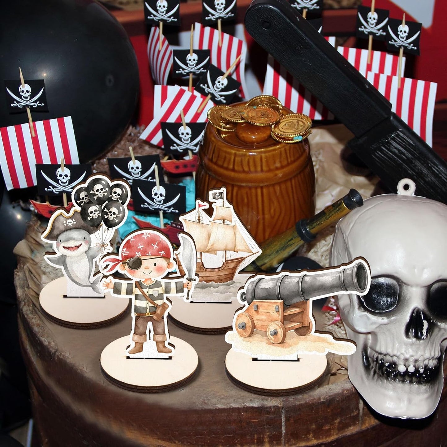 16 Pcs Wooden Pirate Party Table Centerpiece Halloween Pirate Ship Captain Hat Parrot Treasure Map Skull Tabletop Detachable Sign Display Decoration Baby Shower Birthday Table Toppers Photo Props