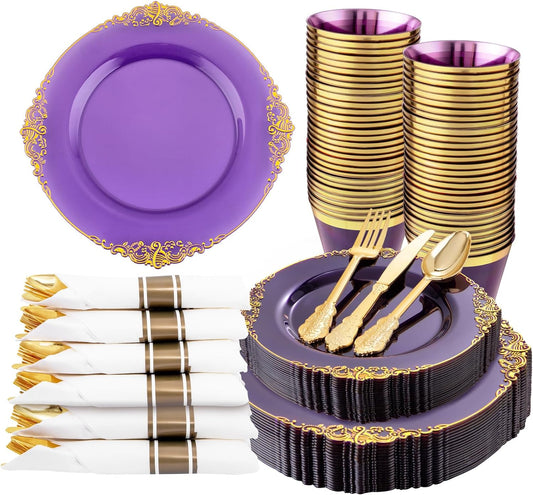 Nervure 175PCS Purple Plastic Plates - Disposable Purple Gold Party Plates & Pre Rolled Napkins with Cutlery for 25 Guests, 50Plates, 75Silverware, 25Cups, 25Napkin for Wedding & Party