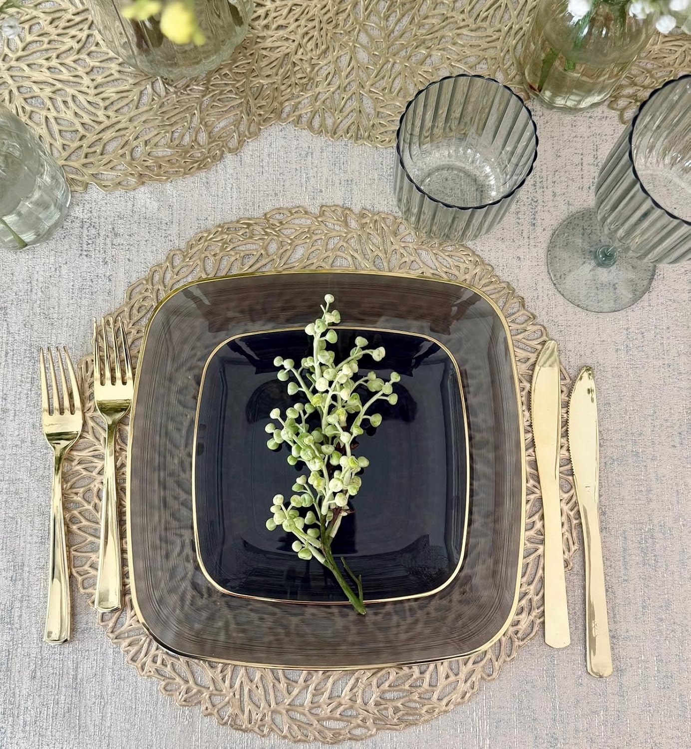 " OCCASIONS " 120 Pieces Pack,(60 Guests) Premium Wedding Party Disposable Plastic Plates Set -60 x 10'' Dinner + 60 x 7'' Salad/Dessert (Belize Square in Black & Gold)