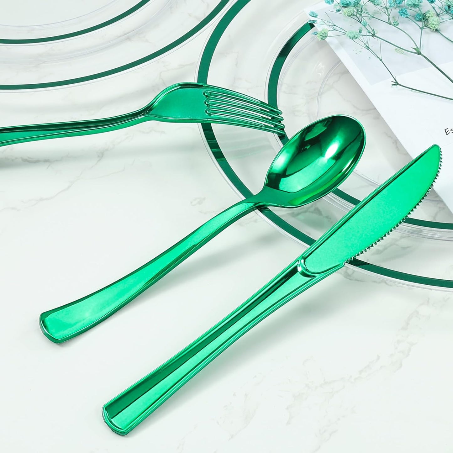 Goodluck 50 Set Green Pre Rolled Plastic Cutlery Set, Wrapped Silverware Set with 50 Forks, 50 Knives, 50 Spoons and 50 Napkins, Perfect for Party, Christmas, St.Patrick