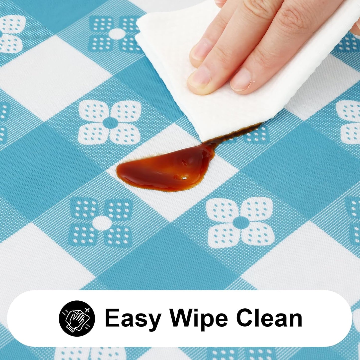 Rectangle Vinyl Table Cloth, Waterproof Elastic Fitted Tablecloth with Flannel Backing, Plastic Table Cover for Picnic, Camping, Outdoor (White & Aqua, 30"x72")