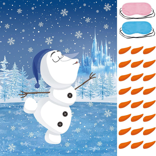 Pin The Nose on The Snowman Party Game with 24 PCS Nose Stickers and Two Eye Mask for Kids Christmas Game 21'' x 28'' (Snowman)