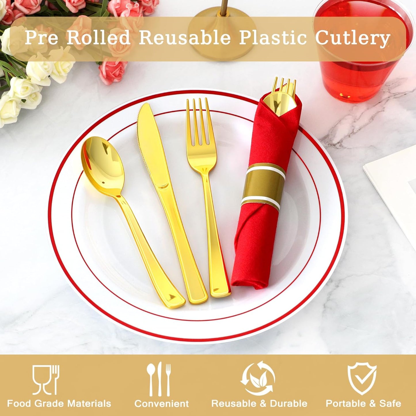 50 Pack Pre Rolled Gold Plastic Silverware Set,Wrapped Plastic Cutlery Set with Napkin Include 50 Forks,50 Spoons,50 Knives and 50 Red Napkins for Party,Wedding