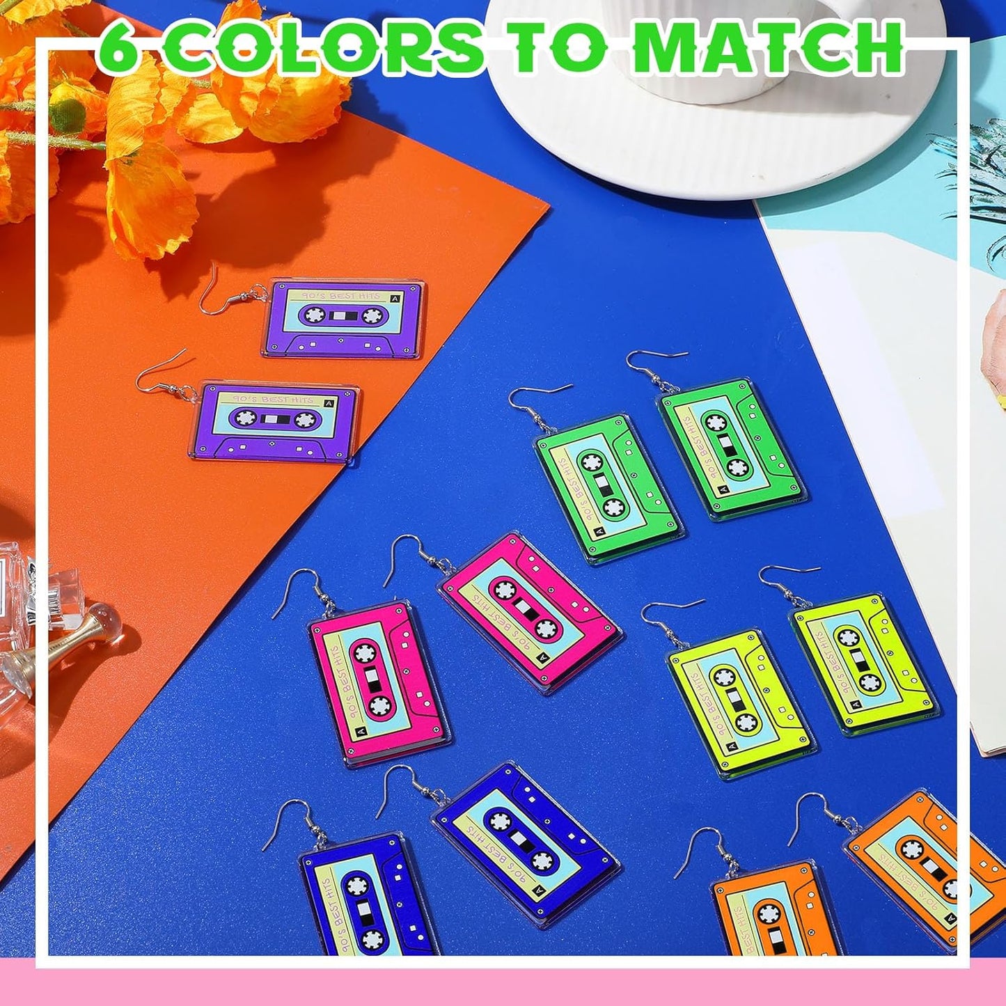 Yinkin 6 Pairs 80s 90s Neon Earrings Lightning Earrings for Women Halloween Costume Party Dancing Glow Party Accessory