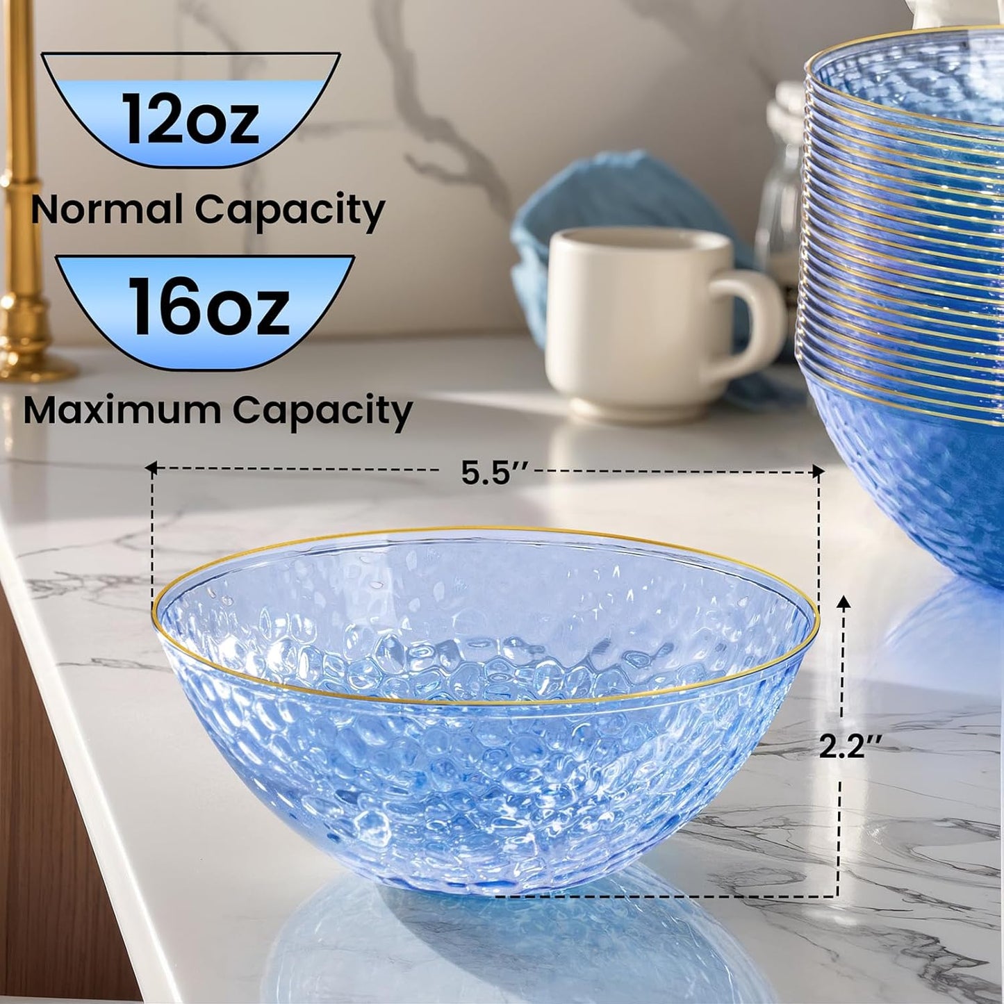 Rubtlamp 50 Pack Clear Blue Disposable Bowls, Clear Plastic Bowls with Gold Rim, 12-16oz Premium Heavy Duty Plastic Dinner Bowls for Party, Wedding and Holiday