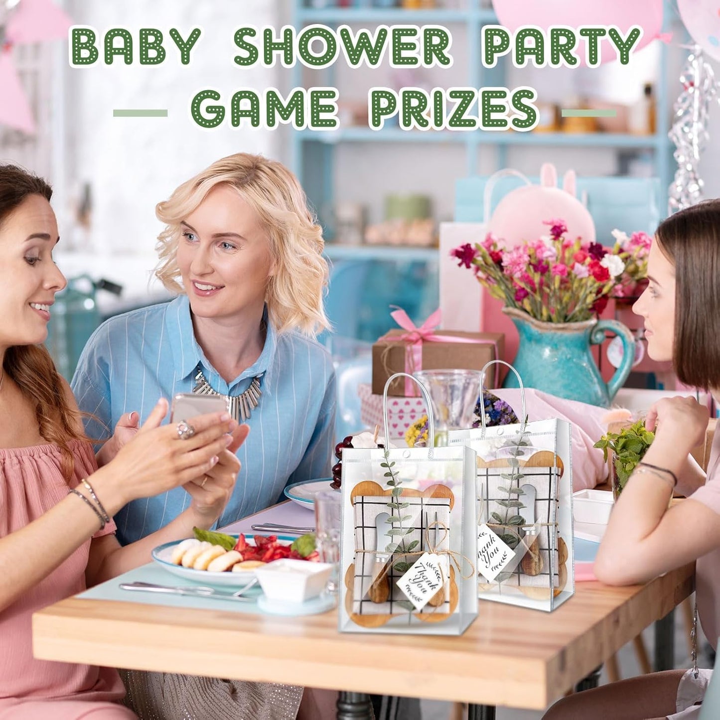 43 Pcs Baby Shower Game Prizes for Winners 6 Sets Baby Shower Prizes Wedding Bridal Favor with Bamboo Bear Shape Cheese Board Oak Cutlery Placemats Artificial Eucalyptus Stems Tags Bags