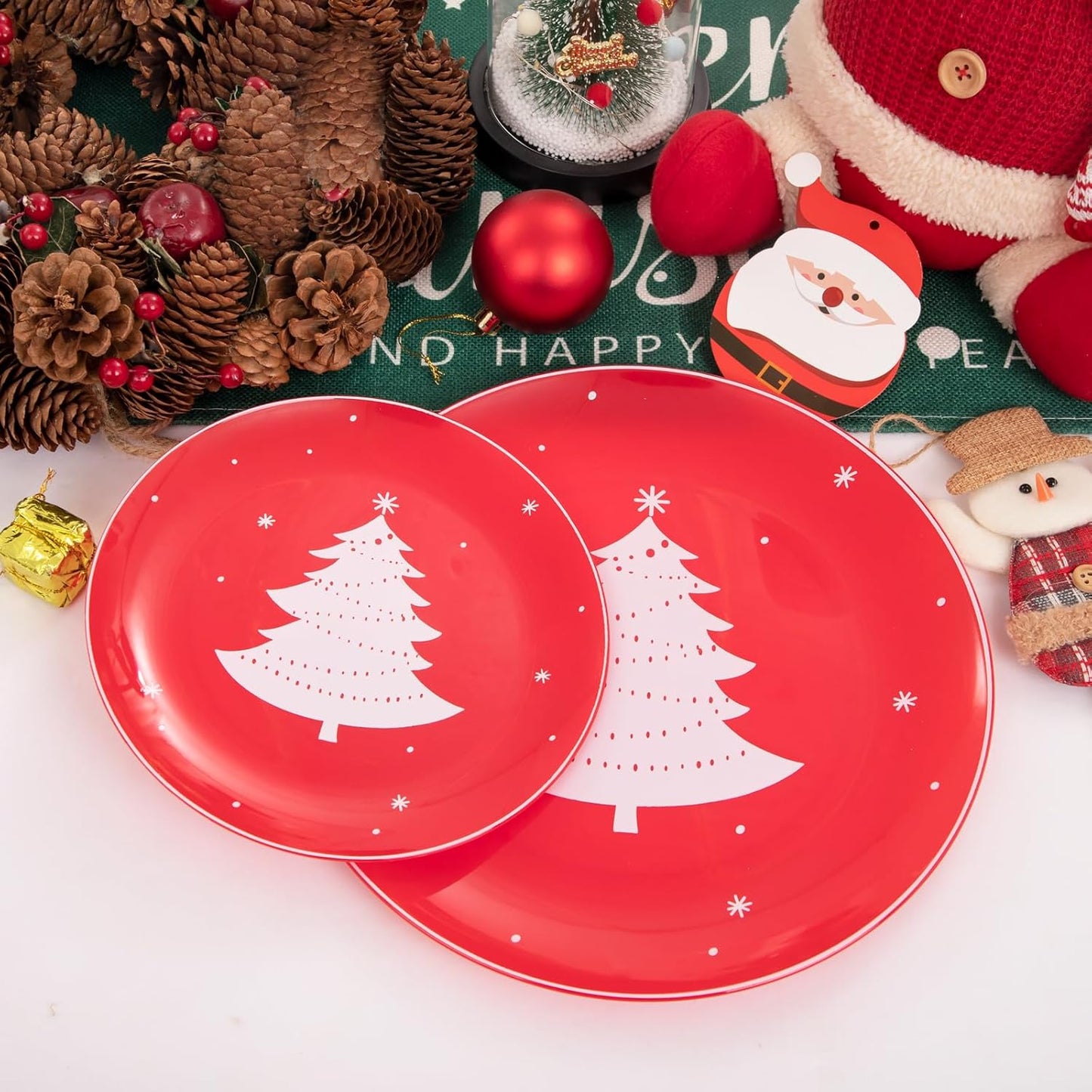 WDF 50 Pieces Plastic Christmas Plates - Red and White Plastic Plates with Christmas Tree include 25 Dinner Plates, 25 Salad Plates - Red White Party Plastic Plates for Christmas, Winter