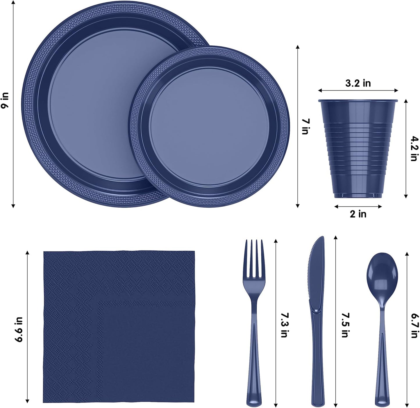 350 Pcs Navy Plastic Plates For Party, Navy Disposable Plates Set, 50 Of Each 9" Dinner Plate Set, 7" Dessert Plate, Cups, Napkins & Cutlery Plastic Dinnerware Exquisite