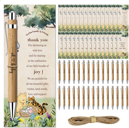 30 Pieces Baby Shower Gifts for Guests, Winnie Baby Shower Sets, Included Bamboo Pens Greeting Cards for Games, Gender Reveal Souvenirs Prizes, Winnie Baby Shower Decorations