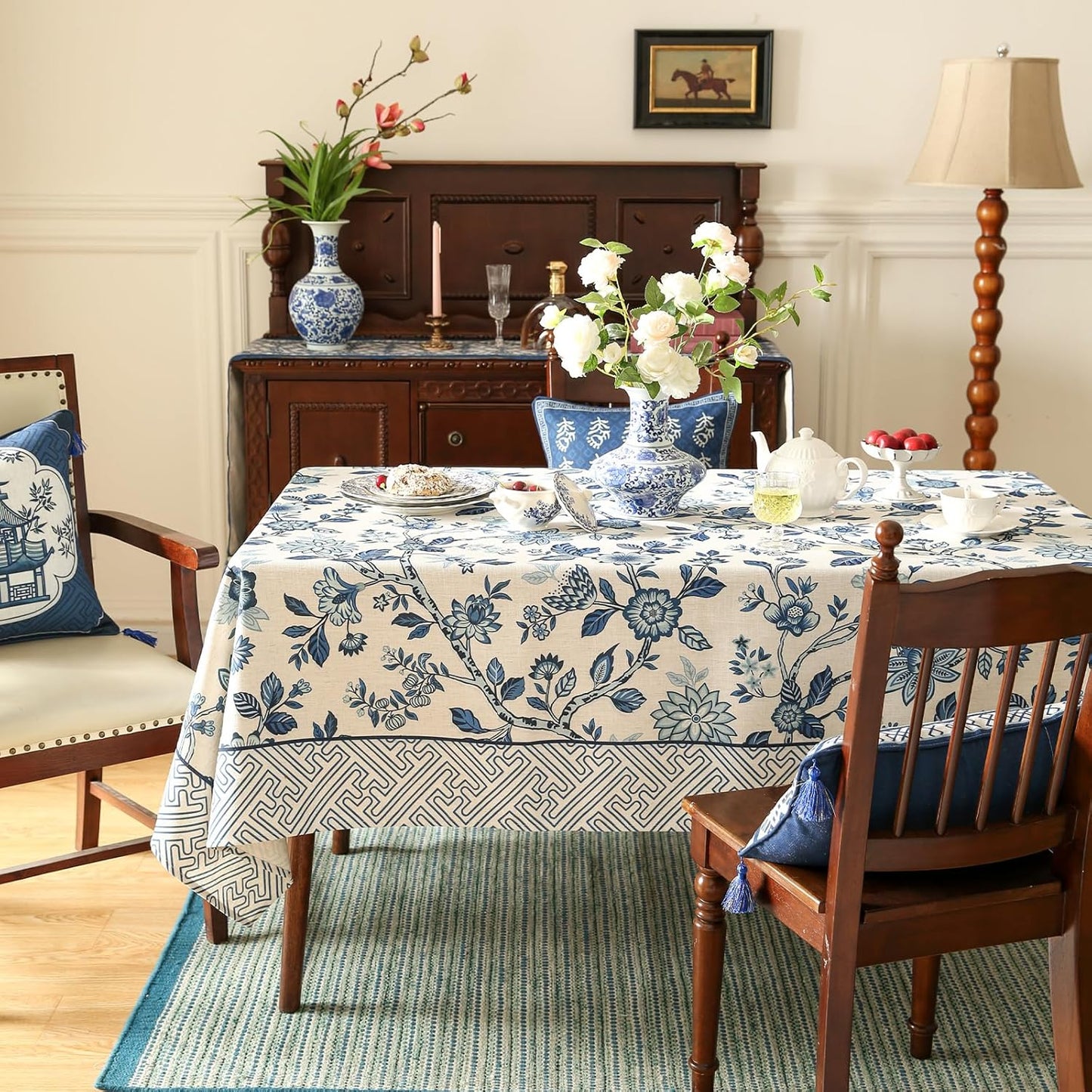 Vintage Blue and White Rectangle Tablecloth,French Linen Floral Wrinkle Free Tablecloths,Decorative Table Cover for Kitchen,Dining,Party,Thanksgiving,Christmas,55"*87"-Suqing
