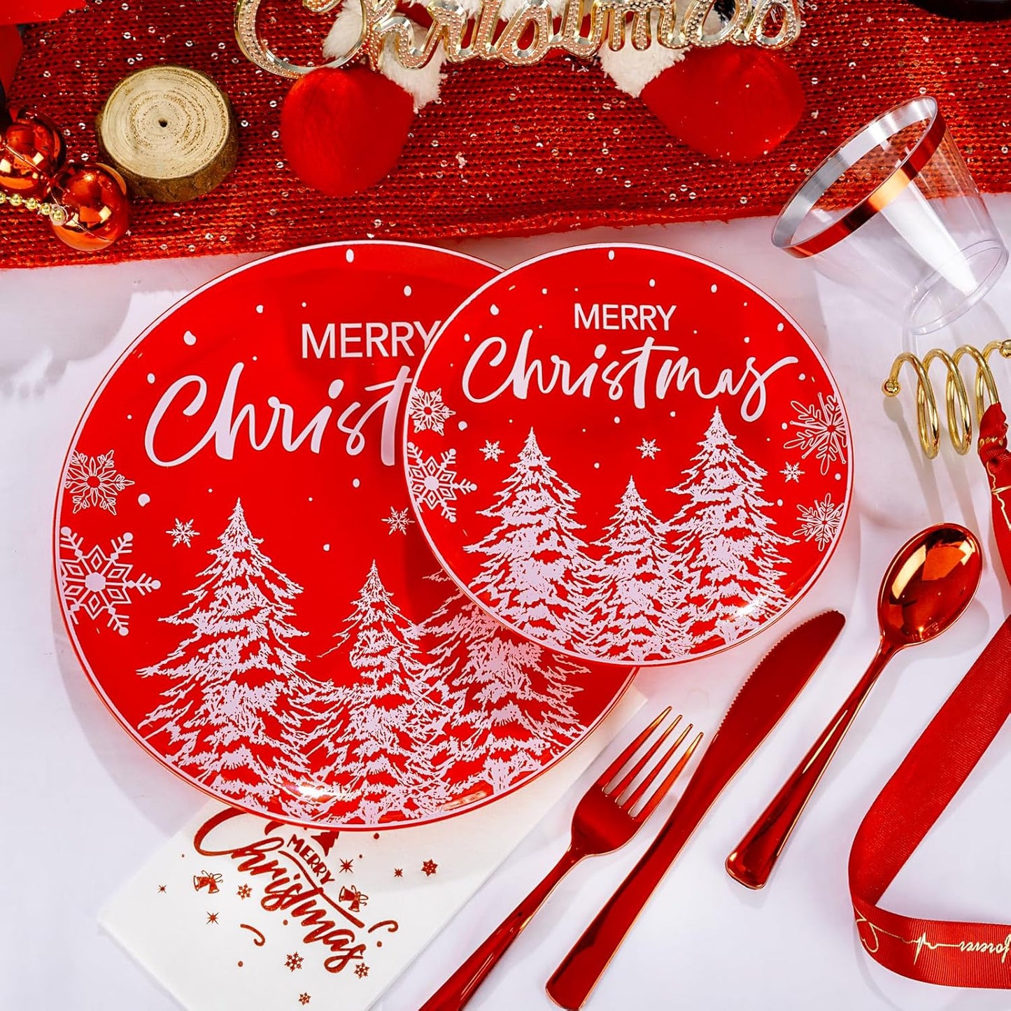I00000 210Pcs Christmas Plastic Plates - Red Disposable Plates with Red Plastic Silverware Include 60 Plates, 30 Forks, 30 Knives, 30 Spoons, 30 Cups, 30 Napkins for Xmas Party