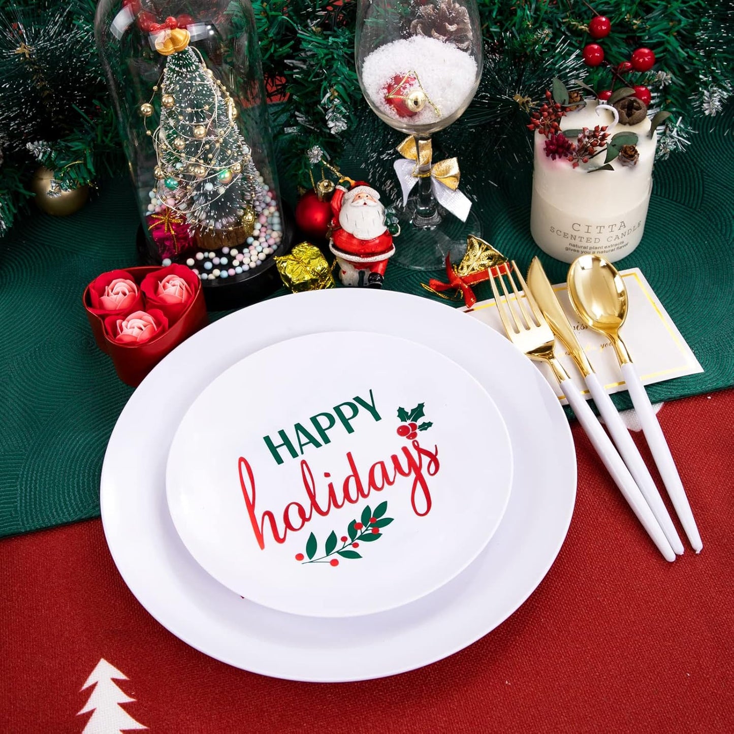 Supernal 150pcs Christmas Plastic Dinnerware with Holiday Plastic Plates,White and Gold Disposable Silverware, Christmas Plates with "Happy Holiday"