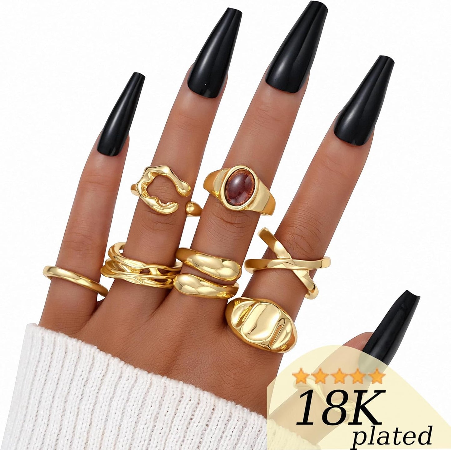 FAXHION 12PCS Gold Stackable Rings Set for Women, 18K Gold Plated Open Stacking Knuckle Ring, Adjustable Chunky Signet Band Statement Ring for Gift