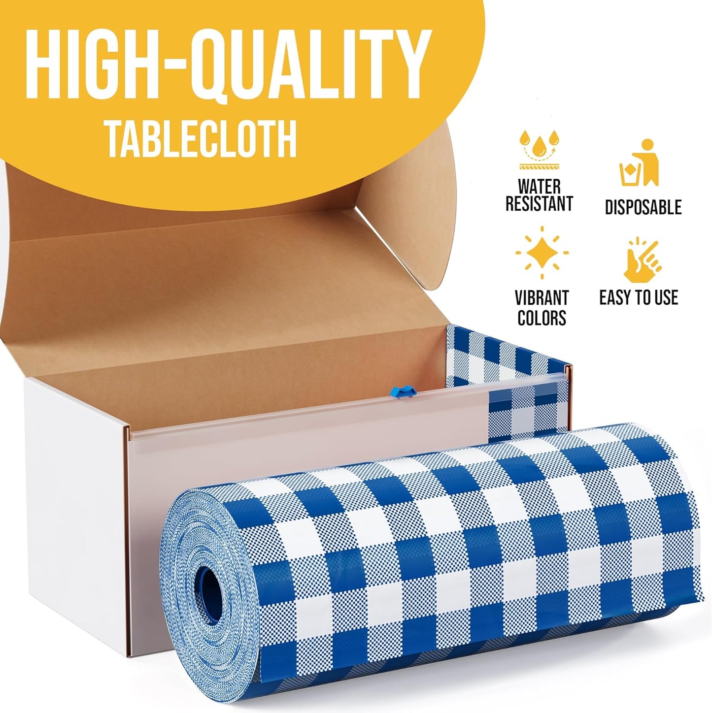 Party Solids 54 Inch X 300 Feet Blue Gingham Plastic Table Cover Roll in A Cut - to - Size Box with Convenient Slide Cutter. Cuts Up to 36 Rectangle 8 Feet Plastic Disposable Tablecloths