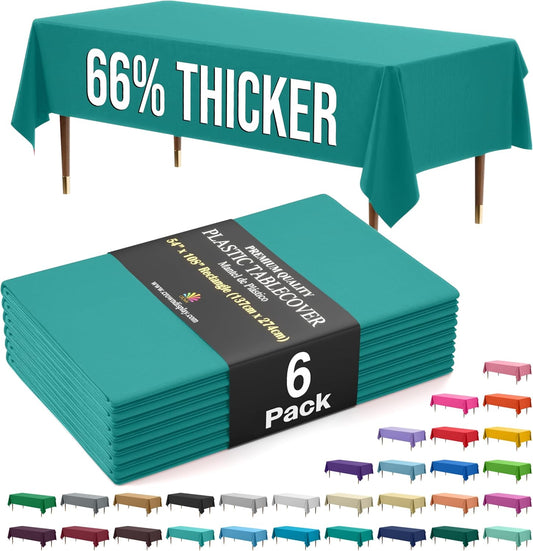 Exquisite 66% Thicker Premium Plastic Table Cloth Rectangle Table Cover 0.5 Mil 6 Pack Teal Table Cloth 54 Inch x 108 Inch Disposable Tablecloth Won't Tear Easily Like Cheap Thin Brands