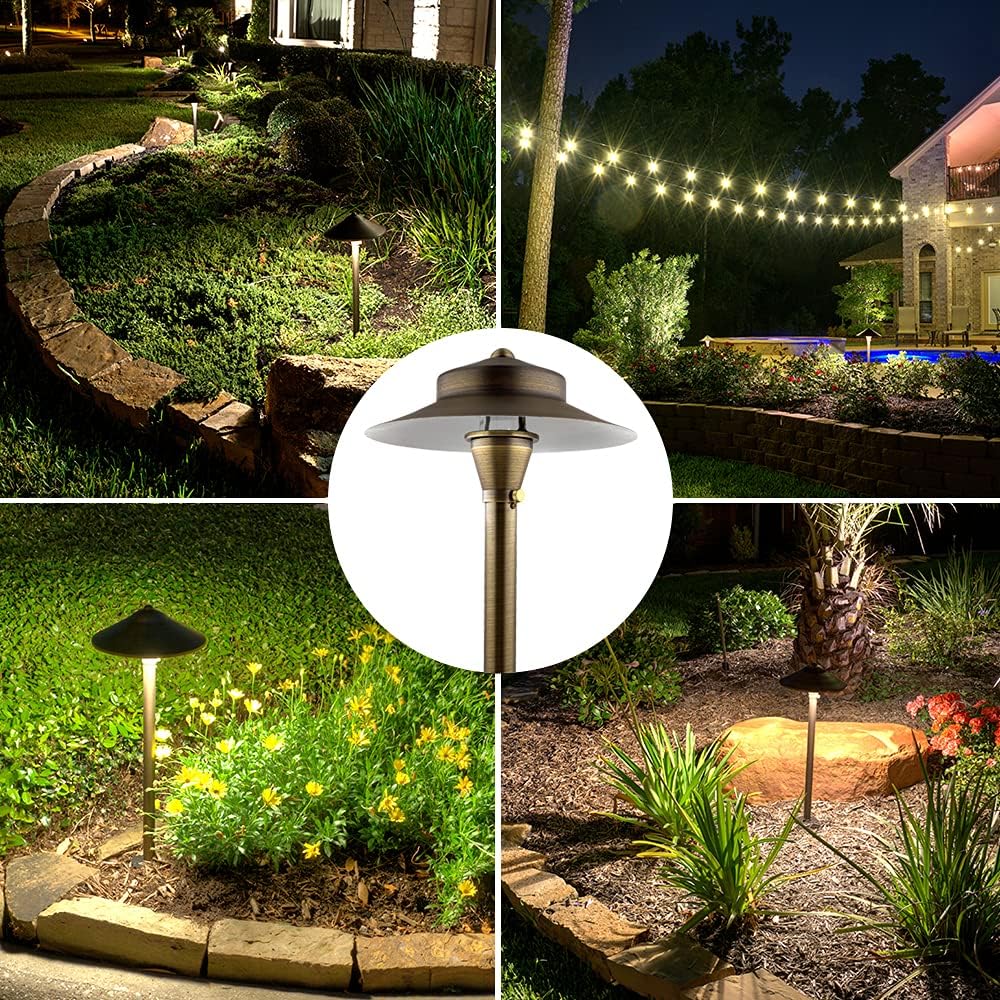 LED Low Voltage Pathway Lights 120- Solid Brass Outdoor Landscape Lights for Garden Pathway & Driveway Outdoor Lighting, 12V Landscape Lighting with Ground Stake & G4 LED Bulb (1 Pack Wide Top 8-1/2")