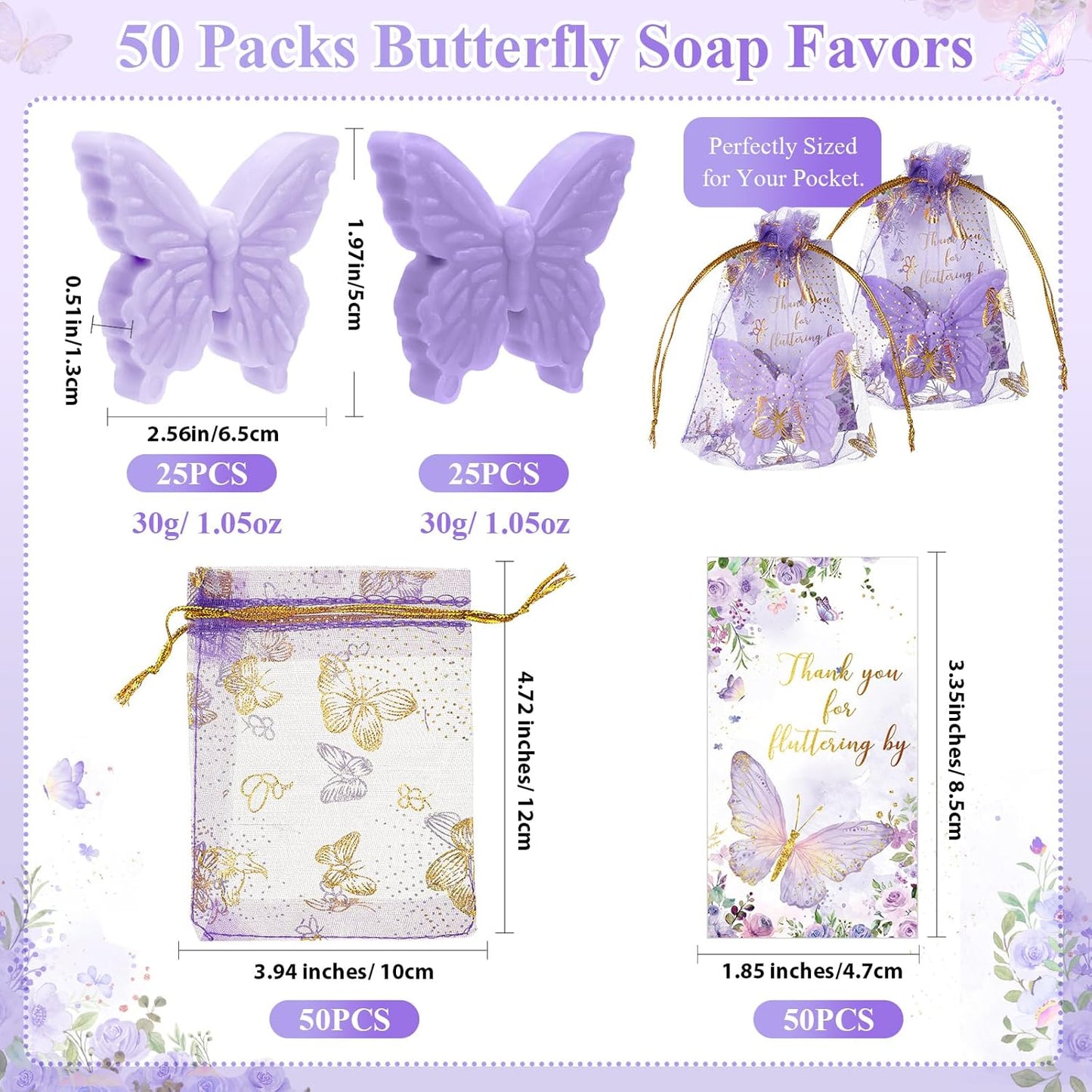Dunzy 50 Set Butterfly Theme Baby Shower Favors for Guests Christmas Butterfly Soap Favors with Thanks You Cards Gender Reveal Baptism Party Decorations Wedding Bridal Souvenirs (Purple,Light Purple)