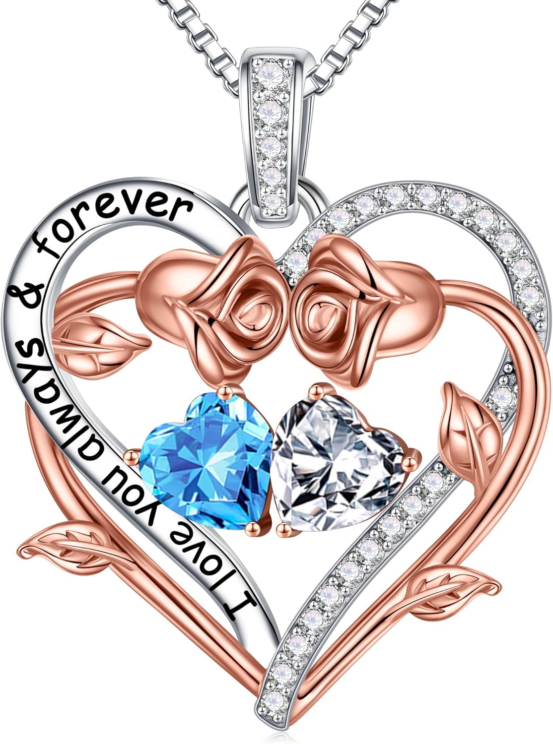 Iefil Rose Heart Double Birthstone Necklace Gifts for Wife Her Mom Women, Birthstone Jewelry Gemstone Birthday Gifts for Girlfriend Grandma Her Wife Women