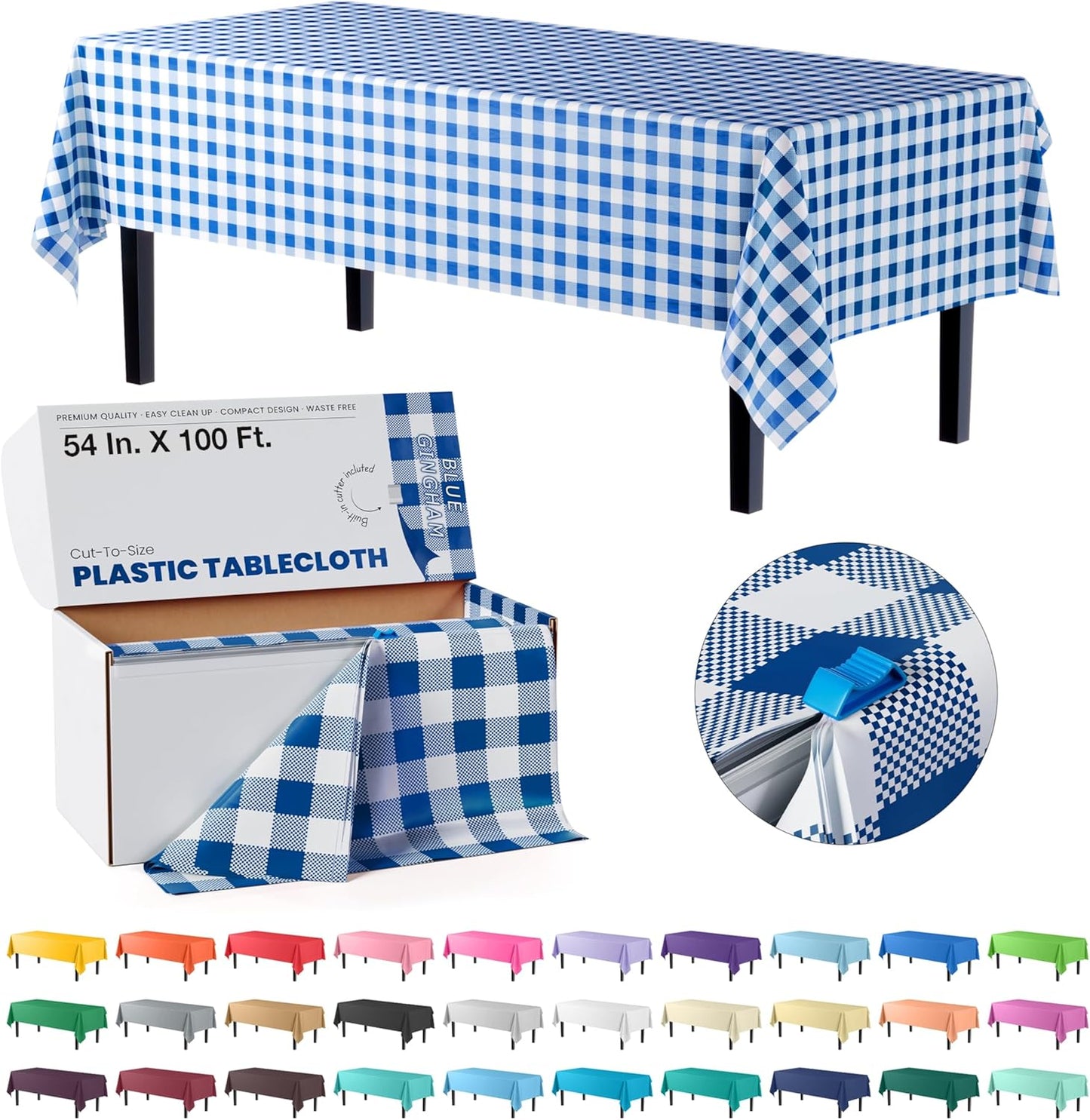 Party Solids 54 Inch X 100 Feet Blue Gingham Plastic Table Cover Roll in A Cut - to - Size Box with Convenient Slide Cutter. Cuts Up to 12 Rectangle 8 Feet Plastic Disposable Tablecloths