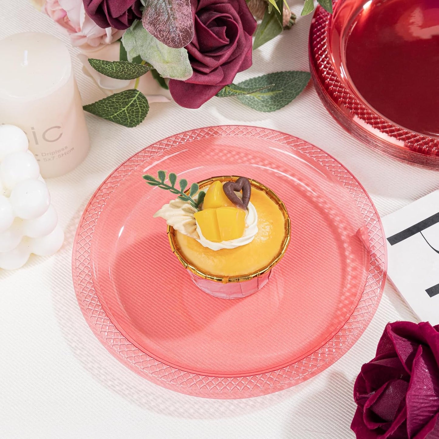 WELLIFE Neon Red Party Plates 9 Inch -150 Count, Translucent Red Plastic Disposable Dinner Neon Plates for Fluorescent Neon Theme Party Dessert Cake Salad Appetizers Easter Mother's Day