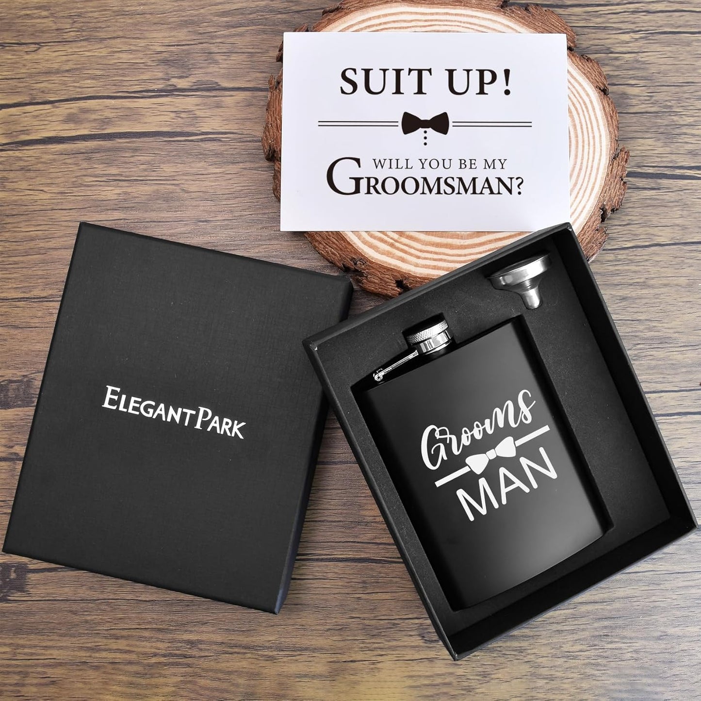 ELEGANTPARK Groomsman Gifts Engraved Groomsman Flask Wedding Bachelor Party Favor Stainless Steel Hip Flask for Liquor with Funnel for Men 8 OZ Black