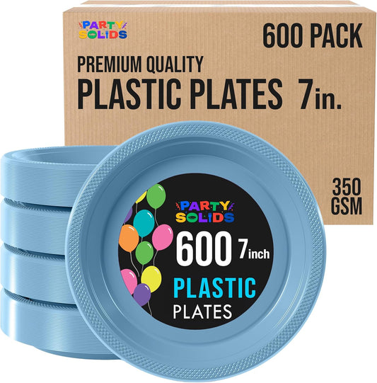 Party Solids Light Blue Plastic Plates Bulk 7" Light Blue Disposable Plates For Party Supplies 600 Pieces Disposable Dinner Plate Heavy Duty 350 GSM Plate Sets, Plastic Dinnerware Sets