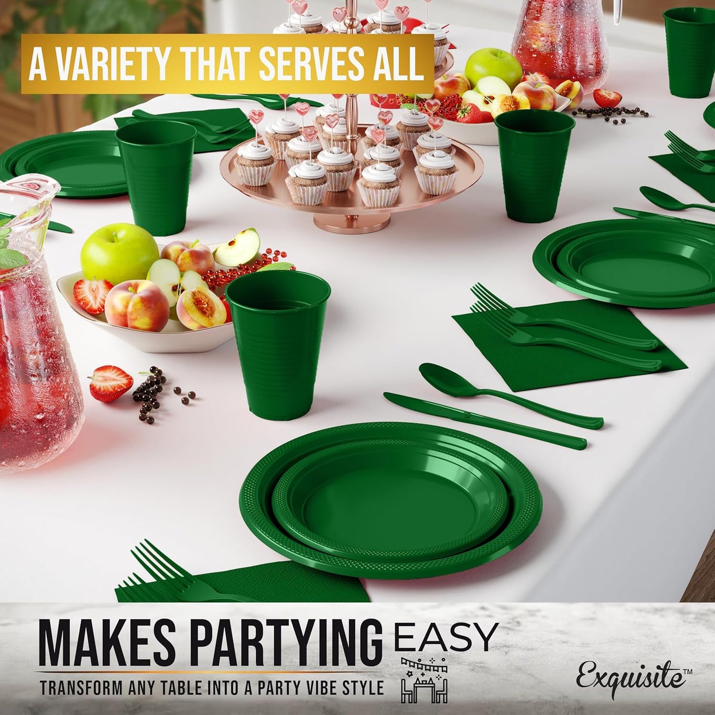 350 Pcs Emerald Green Plastic Plates For Party, Emerald Green Disposable Plates Set, 50 Of Each 9" Dinner Plate Set, 7" Dessert Plate, Cups, Napkins & Cutlery Plastic Dinnerware Exquisite