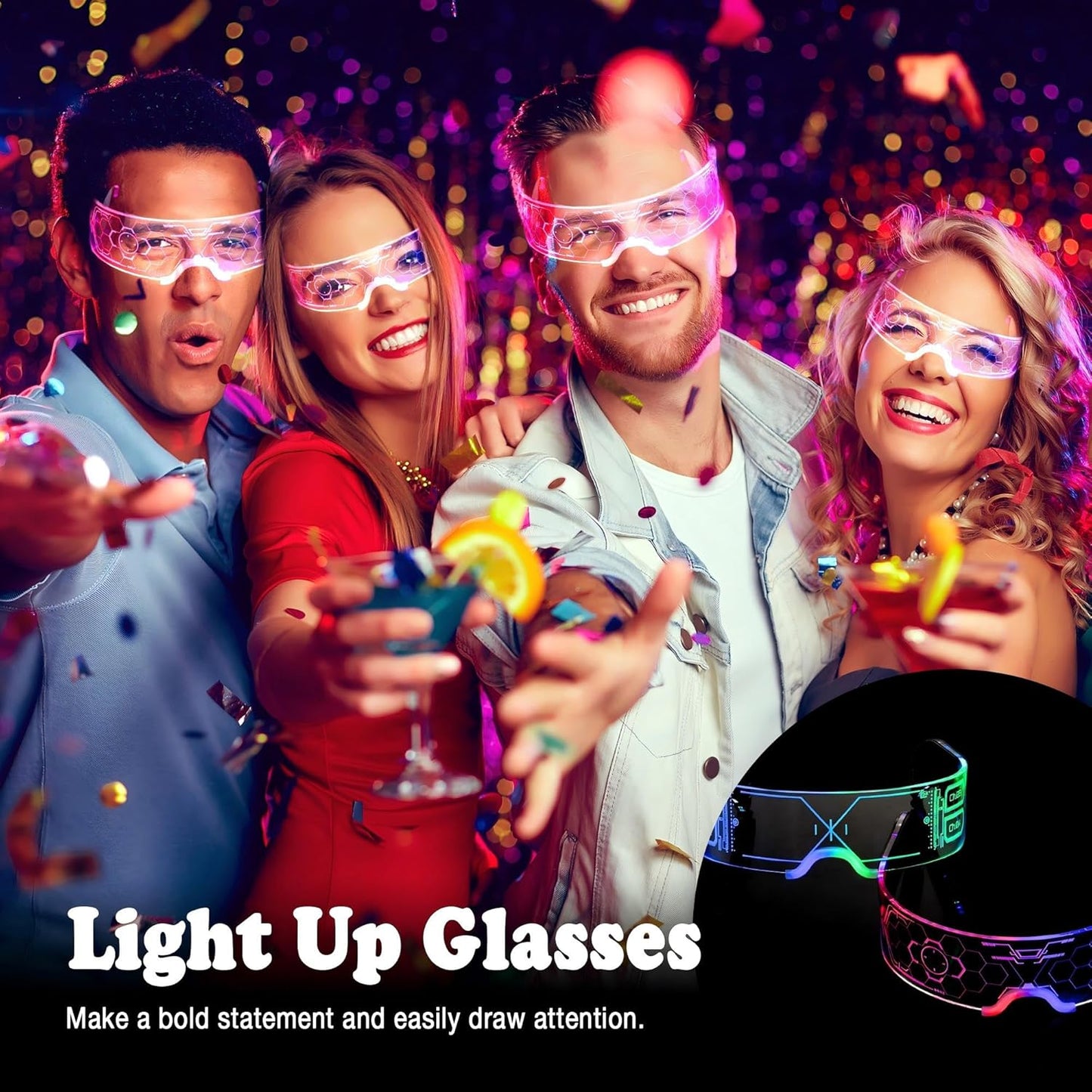 2 Pairs Light Up Glasses For Party LED Glasses For Adults Kids Futuristic Sunglasses Cosplay Costume Glow In Dark Accessories (Concise style)