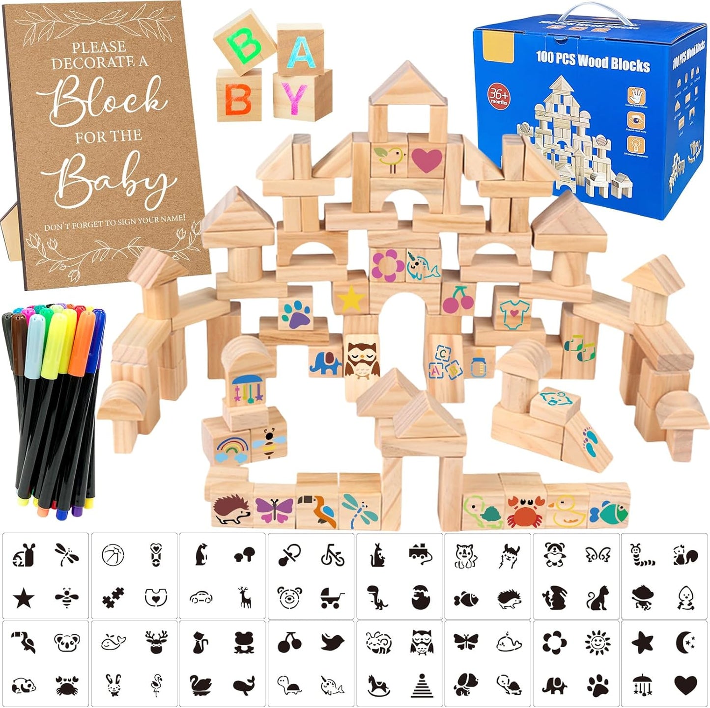 141 Pcs Baby Shower Game Sign Set Includes Decorative Square Signs 100 DIY Blank Wooden Blocks 20 Paint Markers(Kraft)
