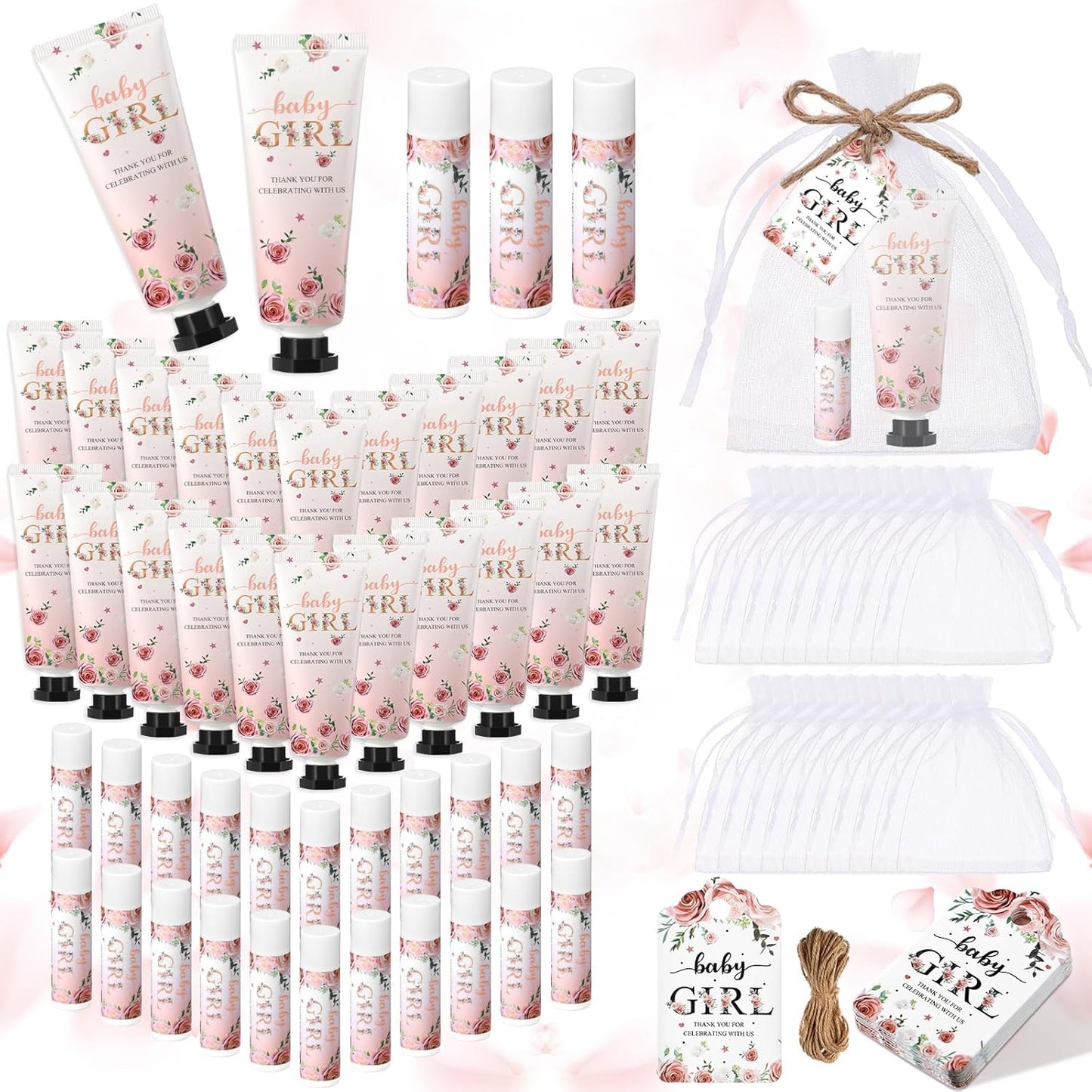 48 Sets 192 Pcs Baby Shower Gifts for Guests Include 48 Hand Cream and 48 Lip Balm Bulk Baby Girl Bridal Shower Party Favors Wedding Thank You Gift for Guests with Card Organza Bag Travel Size
