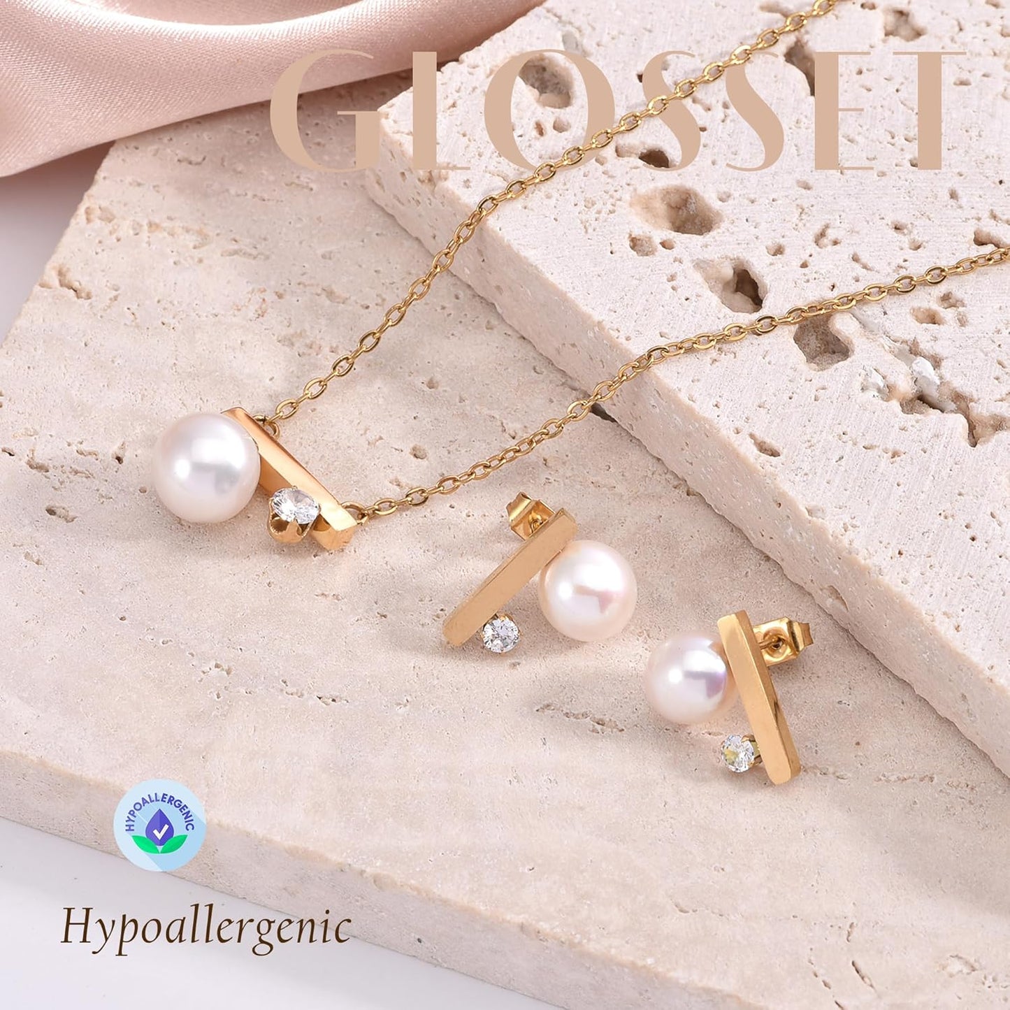 Pearl Necklace and Earring Set, 18K Gold Plated Earrings and Necklace Set for Women, Dainty Freshwater Pearl Jewelry Set for Women Gift