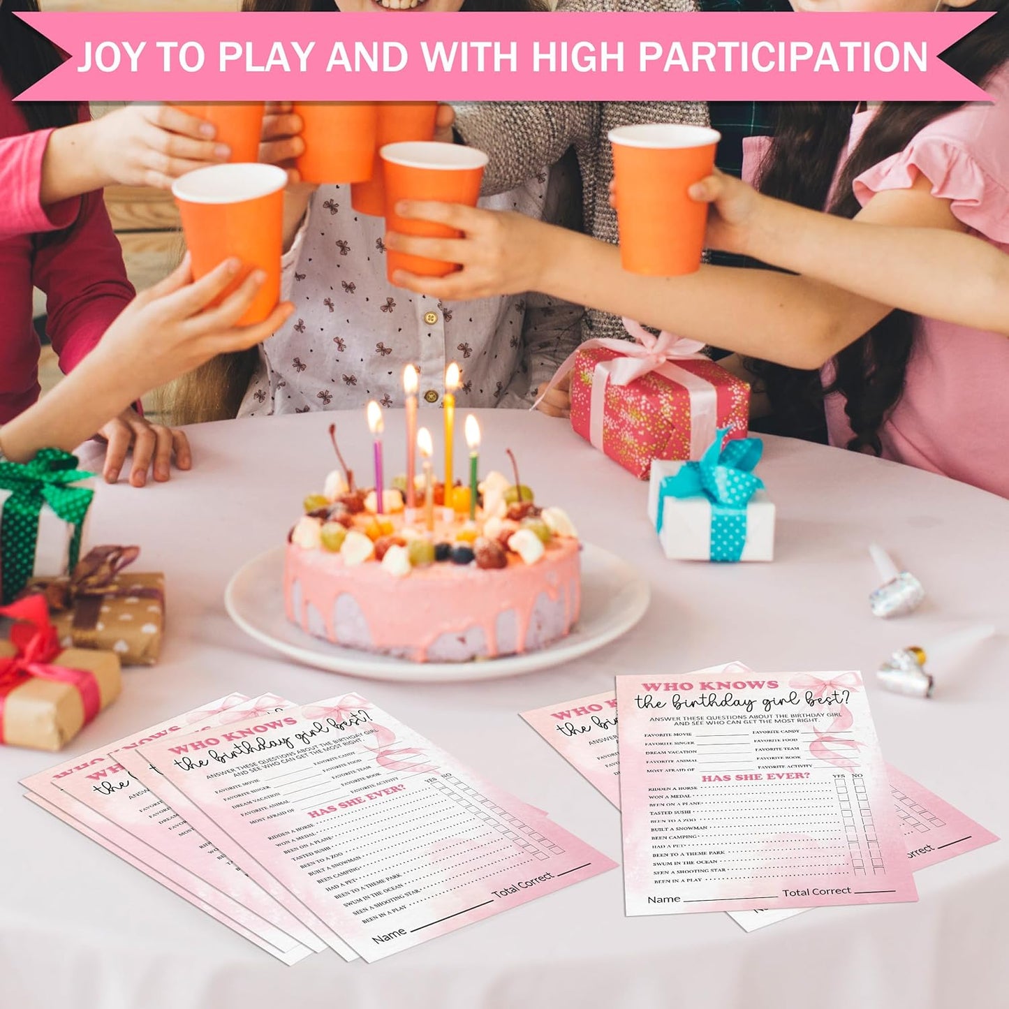 Birthday Party Games Card, Who Knows The Birthday Girl Best, Girls Sleepover Party Supplies for The Girls Card Game, 5x7 Inch Set of 25 Game Cards (Pink, Double-Sided) - A06