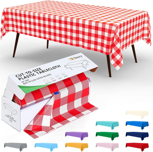 Smiry 54 Inch x 300 Feet Disposable Table Cover Roll, Red & White Plastic Table Cloth in Cut-to-Size Box with Slide Cutter, Waterproof Rectangle Tablecloths for Weddings, Banquets, Outdoor