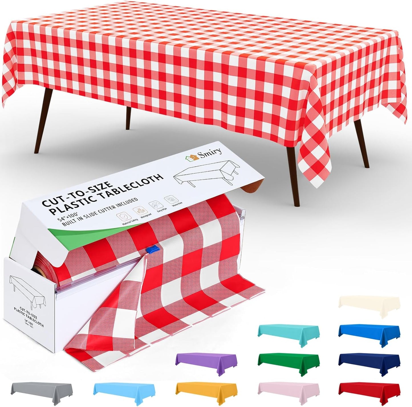 Smiry 54 Inch x 100 Feet Disposable Table Cover Roll, Red & White Plastic Table Cloth in Cut-to-Size Box with Slide Cutter, Waterproof Rectangle Tablecloths for Weddings, Banquets, Outdoor