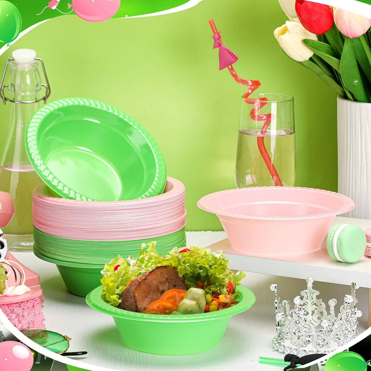 Layhit 100 Pcs Halloween Plastic Bowls 12 oz Disposable Salad Pink Green Plastic Serving Halloween Party Supplies Candy Snack Bowls for Party Picnic