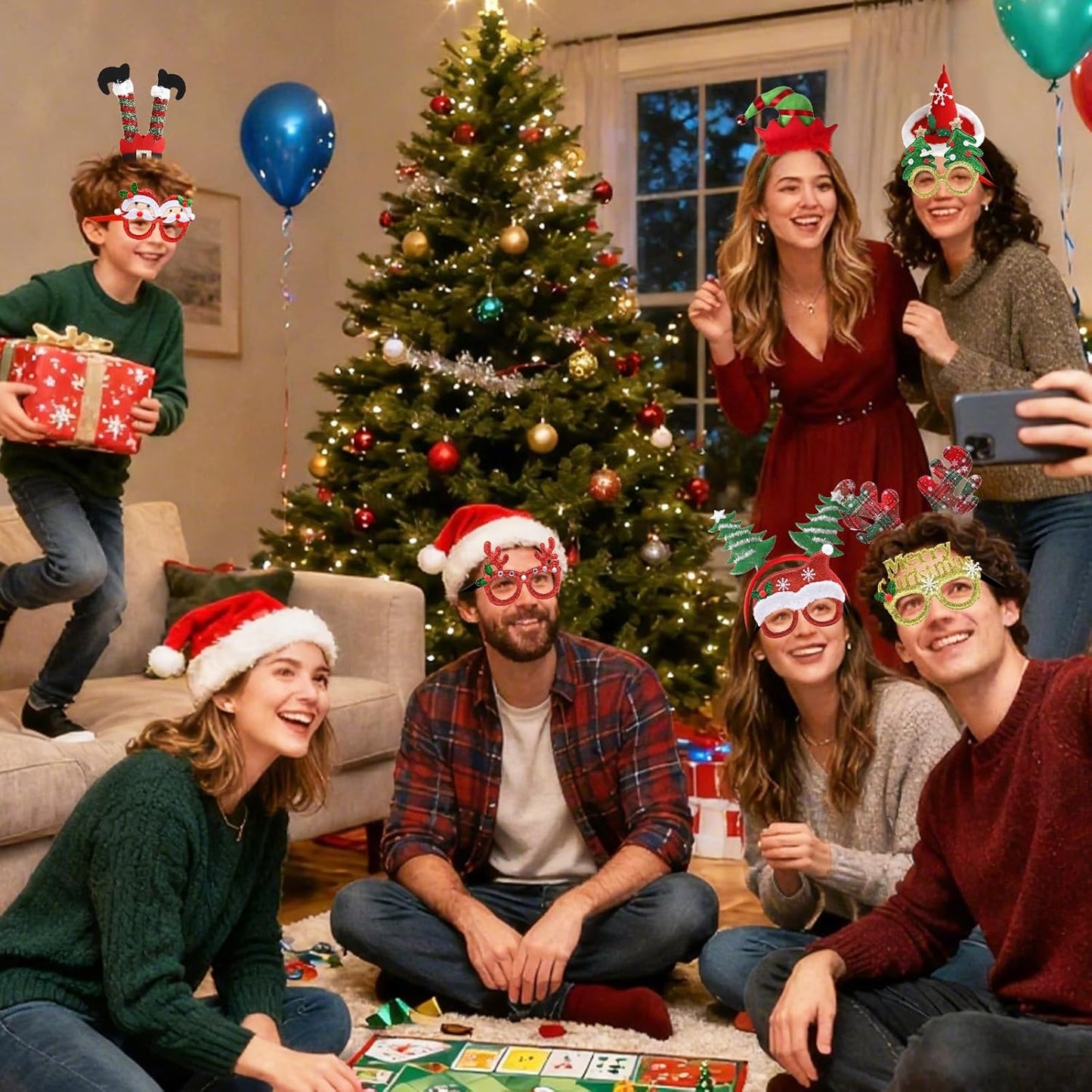 15 Pcs Christmas Headwear Headbands and Glasses Set – Santa Hats, Reindeer Antlers, and Festive Party Accessories for Xmas Dress-Up, Photo Booth Props, and Holiday Celebrations