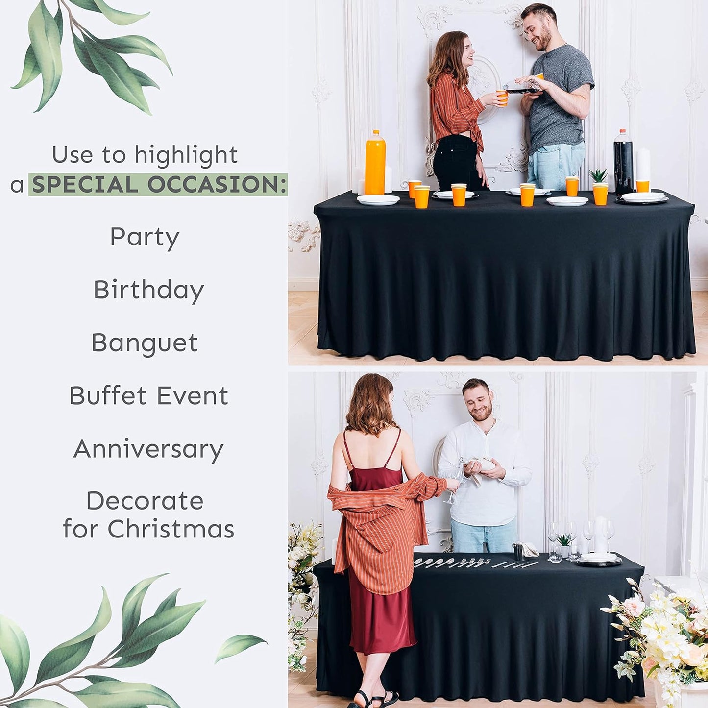 Table Skirt for Rectangular Tables 8ft - Spandex TableCovers for Standard 8 Foot Table - One Piece Fitted Elastic Tablecloth - Wrinkle Resistant Ruffles Design for Weddings, Party, Events (Black)