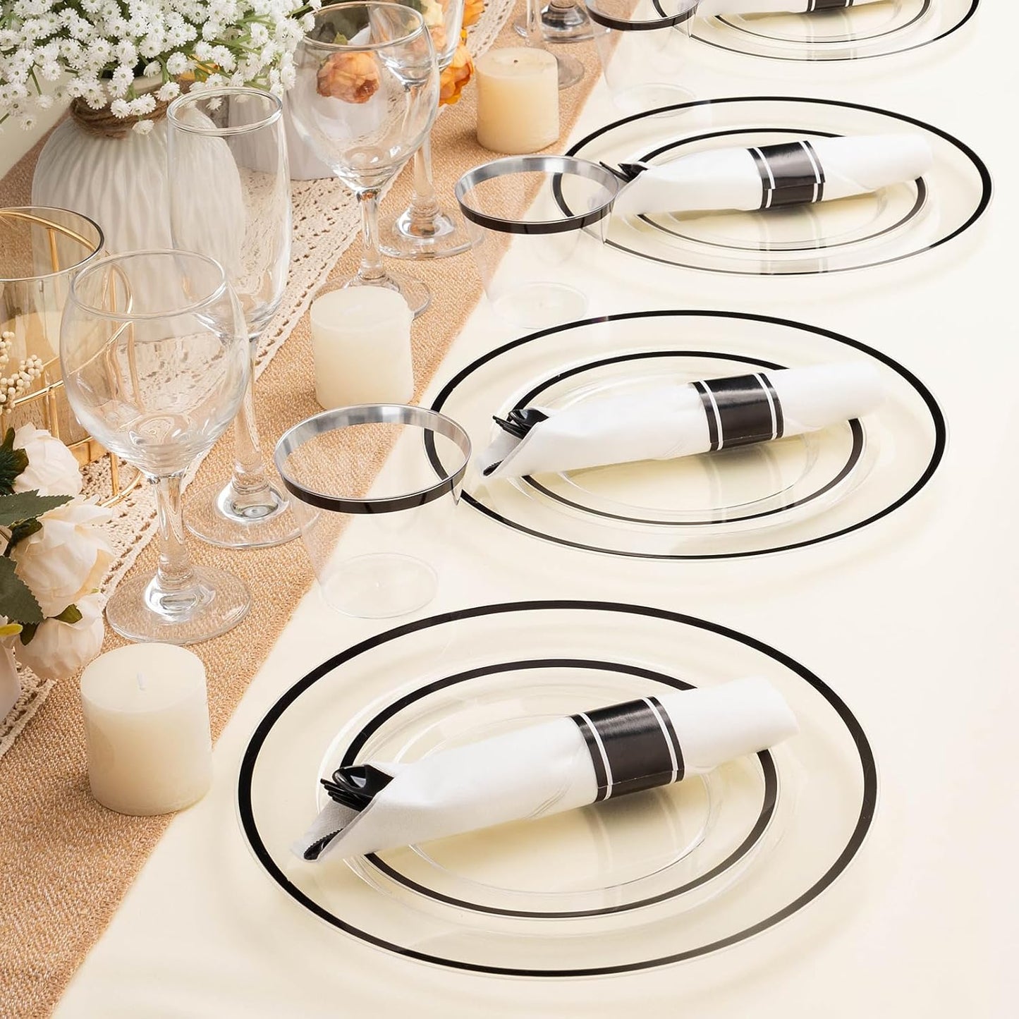 700PCS Clear Black Disposable Plates Set for 100 Guests, 200 Plastic Plates, 100 Plastic Cups, 100 Pre-Rolled Napkins with Cutlery for Party, Christmas, Birthday, Wedding, Thanksgiving, Halloween