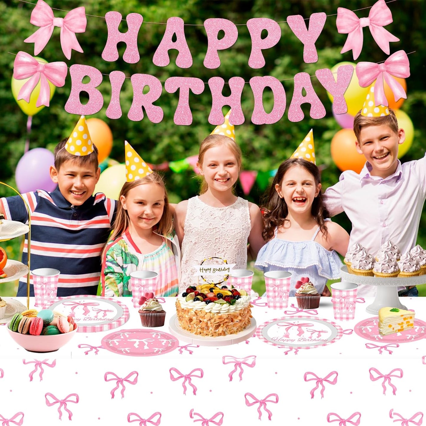 142Pcs Pink Bow Birthday Party Supplies Kit,Lncludesice Bow Themed Plates Cups Napkins Cutlery Tablecloth and Banner, for Bridal Engagement Princess Birthday Party Decorations,Serve 20