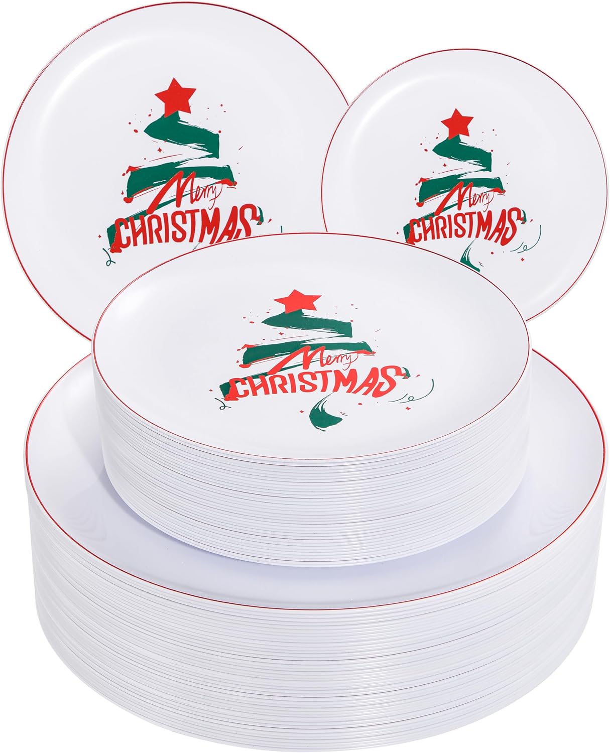 NOCCUR 60PCS Christmas Plates - Include 30 Dinner/Dessert Plastic Plates with Red Christmas Trees, Serve for 30 Guests
