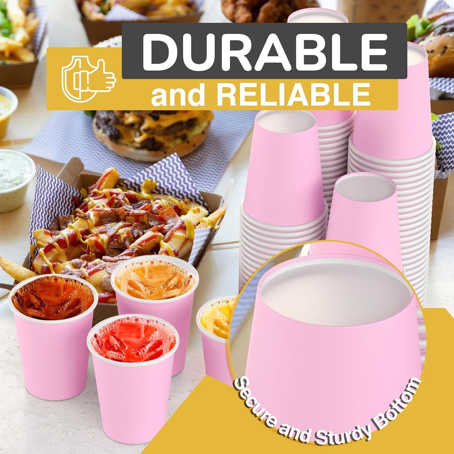 Party Solids Pink Paper Cups 9 oz Durable Disposable Cups 100 Paper Tumblers for Hot Drinks and Cold Drinks Thick 280 GSM Hot Cup for Tea & Coffee Cup To Go Fun Colors for Parties & Events