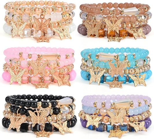 Bohemian Bracelet Sets for Women - 6 Sets Stackable Stretch Bracelets Multi-color Boho Jewelry for Women Hippie Bracelets Dainty Jewelry